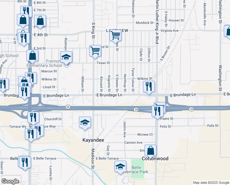 map of restaurants, bars, coffee shops, grocery stores, and more near 1033 East Brundage Lane in Bakersfield