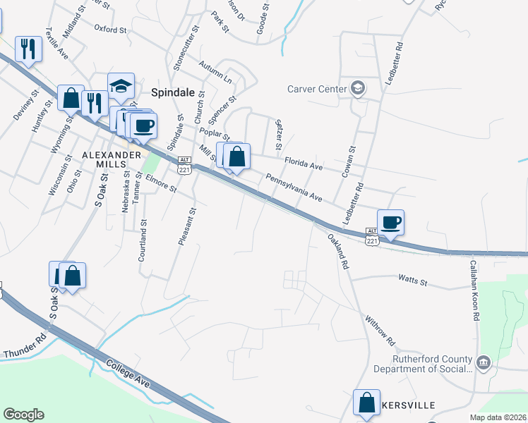 map of restaurants, bars, coffee shops, grocery stores, and more near 165 California Street in Spindale