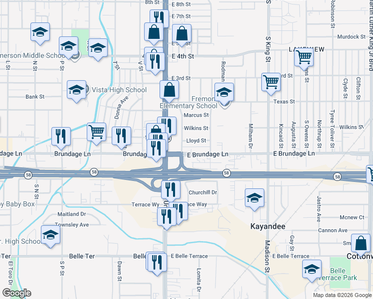 map of restaurants, bars, coffee shops, grocery stores, and more near 204 East Brundage Lane in Bakersfield