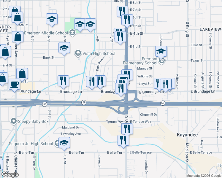 map of restaurants, bars, coffee shops, grocery stores, and more near 300 Brundage Lane in Bakersfield