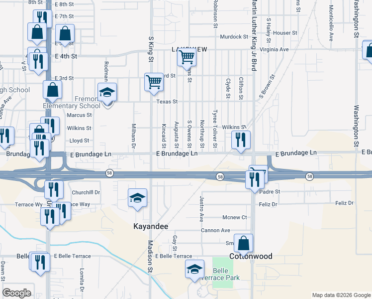 map of restaurants, bars, coffee shops, grocery stores, and more near 1033 East Brundage Lane in Bakersfield