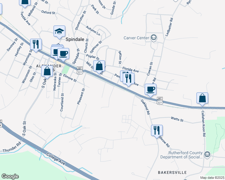 map of restaurants, bars, coffee shops, grocery stores, and more near 165 California Street in Spindale