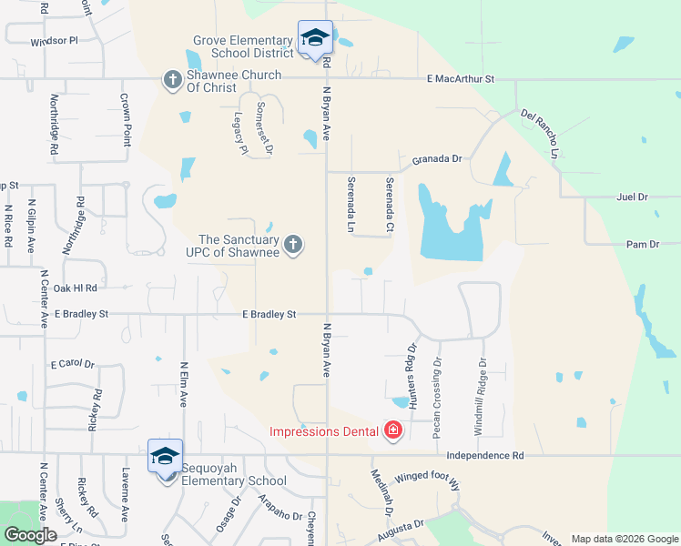 map of restaurants, bars, coffee shops, grocery stores, and more near 1915 North Bryan Avenue in Shawnee