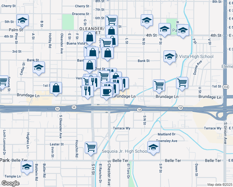 map of restaurants, bars, coffee shops, grocery stores, and more near 1319 Brundage Lane in Bakersfield