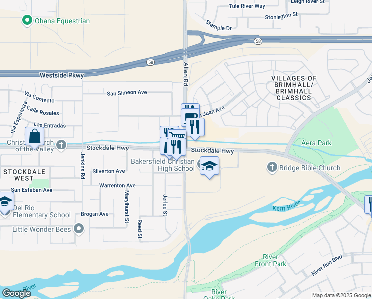 map of restaurants, bars, coffee shops, grocery stores, and more near Stockdale Hwy & S Allen Rd in Bakersfield