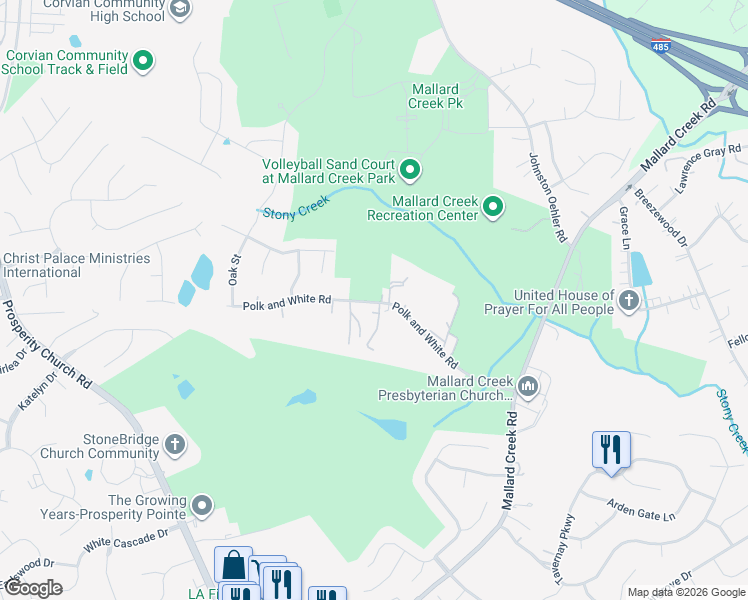 map of restaurants, bars, coffee shops, grocery stores, and more near 2912 Polk and White Road in Charlotte