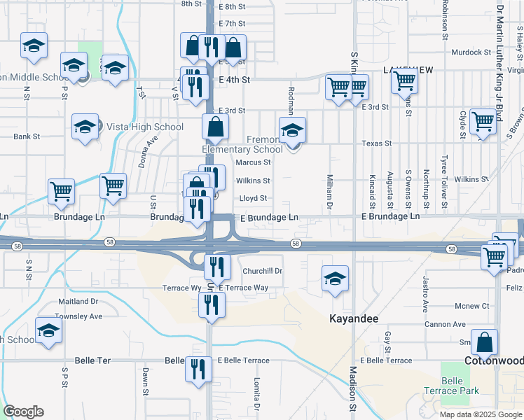 map of restaurants, bars, coffee shops, grocery stores, and more near 300 Brundage Lane in Bakersfield
