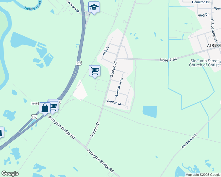 map of restaurants, bars, coffee shops, grocery stores, and more near 2106 South John Street in Goldsboro