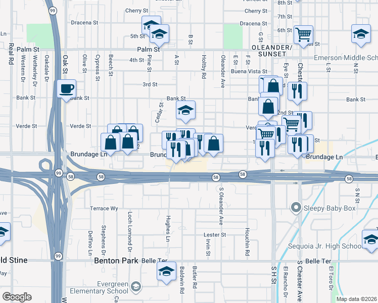 map of restaurants, bars, coffee shops, grocery stores, and more near 2300 Brundage Lane in Bakersfield