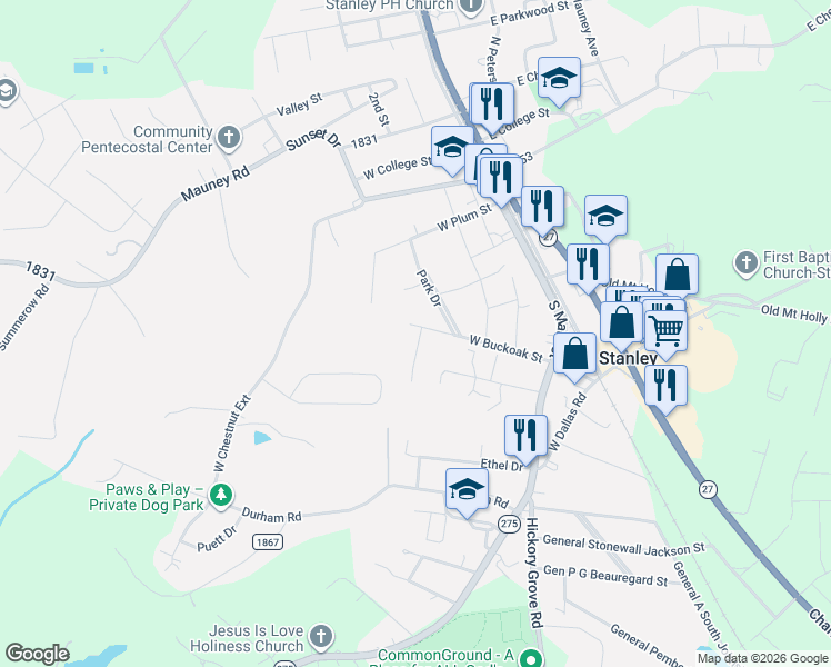 map of restaurants, bars, coffee shops, grocery stores, and more near 418 West Buckoak Street in Stanley