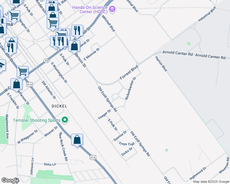map of restaurants, bars, coffee shops, grocery stores, and more near 1104 Potter Boulevard in Tullahoma