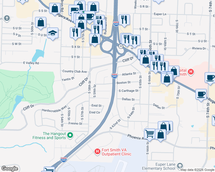 map of restaurants, bars, coffee shops, grocery stores, and more near 5905 South 60th Street in Fort Smith