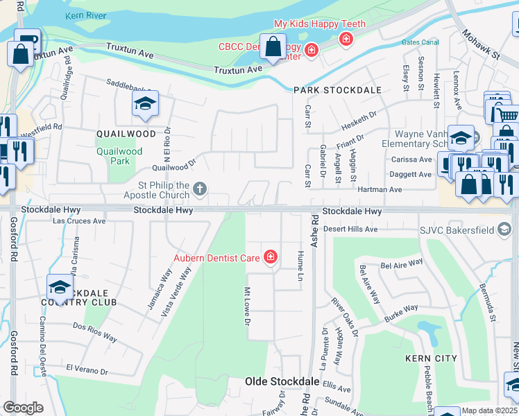 map of restaurants, bars, coffee shops, grocery stores, and more near 6931 Stockdale Highway in Bakersfield