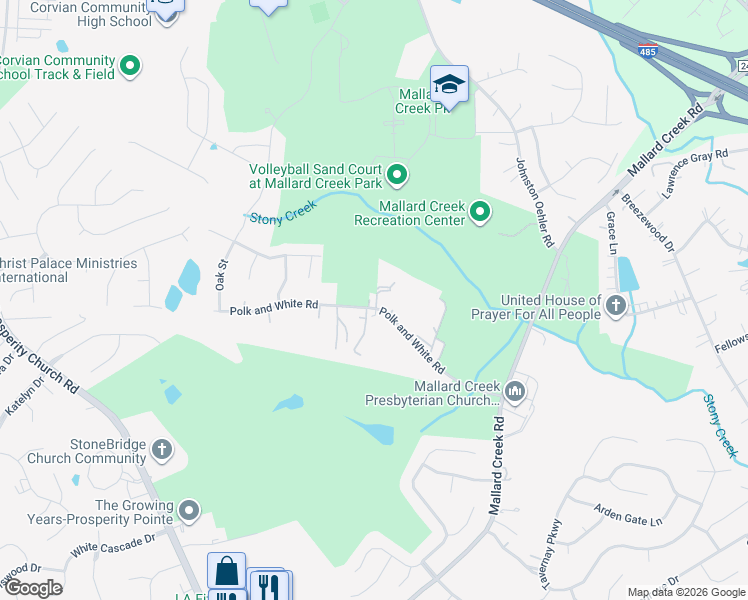 map of restaurants, bars, coffee shops, grocery stores, and more near 2912 Polk and White Road in Charlotte