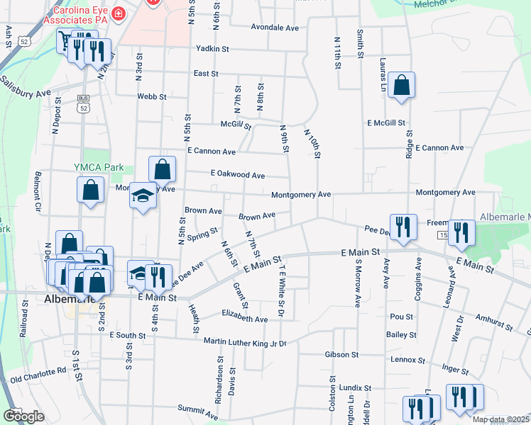 map of restaurants, bars, coffee shops, grocery stores, and more near 729 Brown Avenue in Albemarle