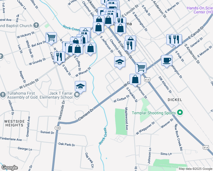 map of restaurants, bars, coffee shops, grocery stores, and more near 412 West Volney Street in Tullahoma
