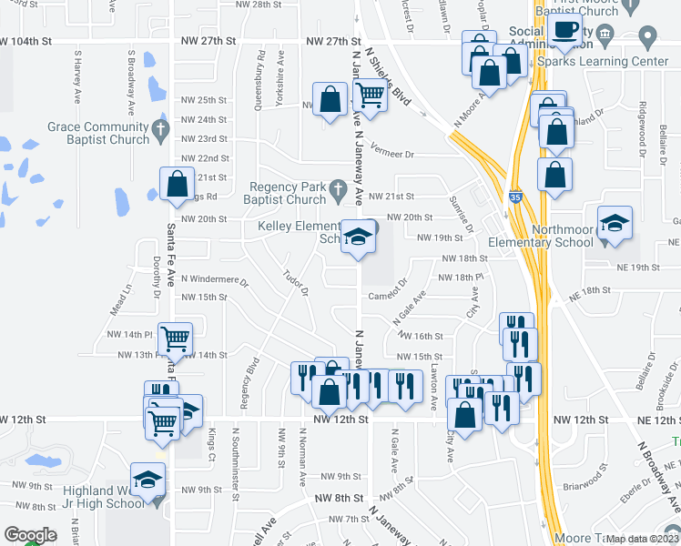 map of restaurants, bars, coffee shops, grocery stores, and more near 812 Northwest 18th Street in Moore