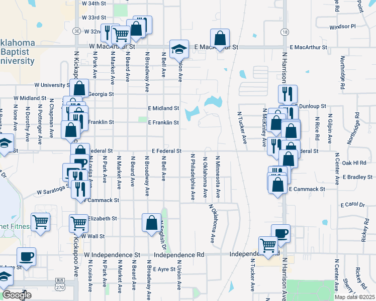 map of restaurants, bars, coffee shops, grocery stores, and more near 200 East Federal Street in Shawnee