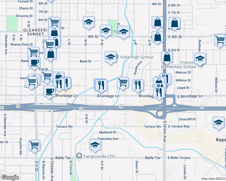map of restaurants, bars, coffee shops, grocery stores, and more near 22 P Street in Bakersfield