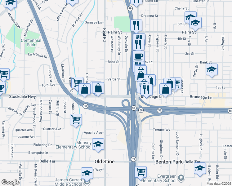 map of restaurants, bars, coffee shops, grocery stores, and more near 20 Wetherley Drive in Bakersfield