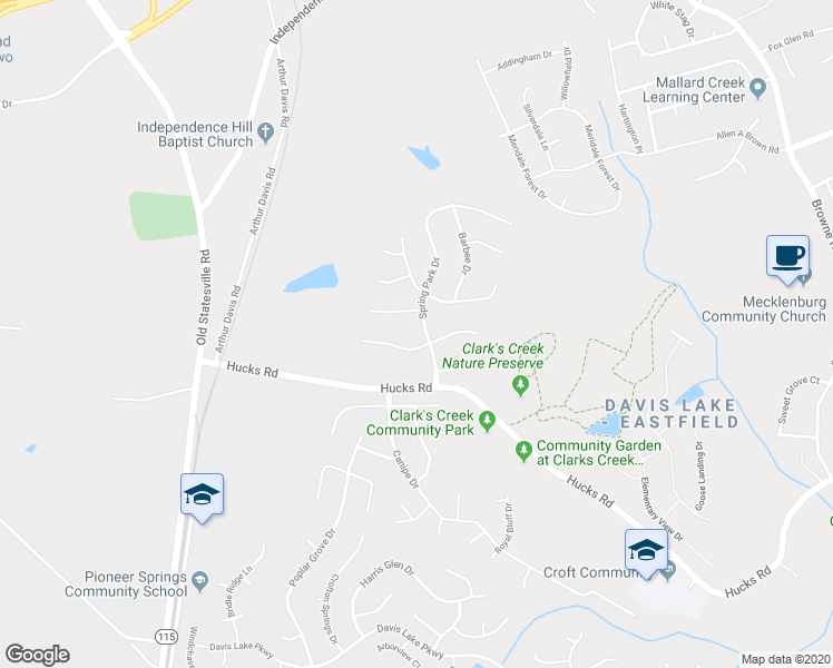 map of restaurants, bars, coffee shops, grocery stores, and more near 9820 Spring Park Drive in Charlotte