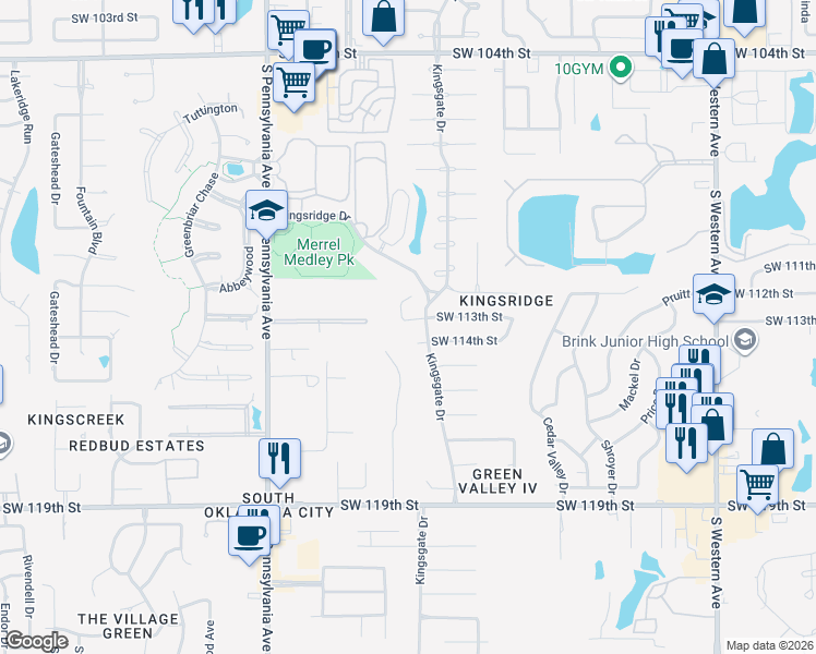map of restaurants, bars, coffee shops, grocery stores, and more near 1405 Southwest 113th Street in Oklahoma City