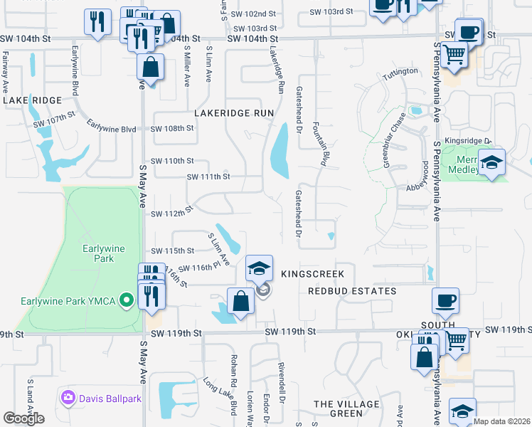 map of restaurants, bars, coffee shops, grocery stores, and more near 2601 Southwest 113th Street in Oklahoma City