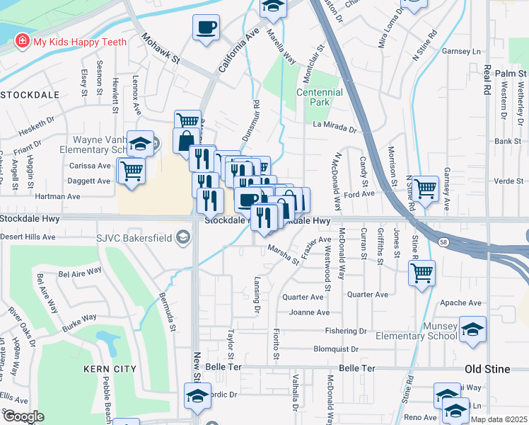 map of restaurants, bars, coffee shops, grocery stores, and more near 4800 Stockdale Hwy in Bakersfield