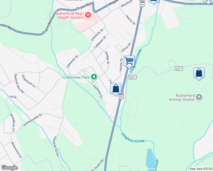 map of restaurants, bars, coffee shops, grocery stores, and more near 185 Tanner Street in Rutherfordton