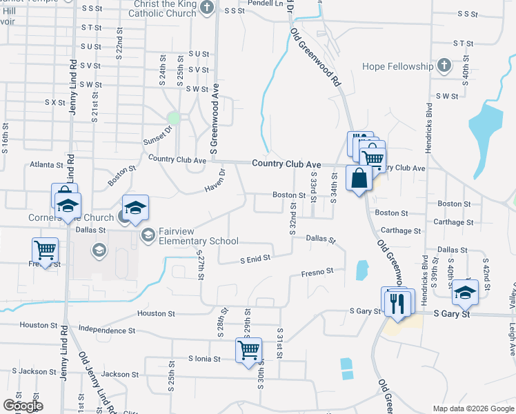 map of restaurants, bars, coffee shops, grocery stores, and more near 2914 Boston Street in Fort Smith