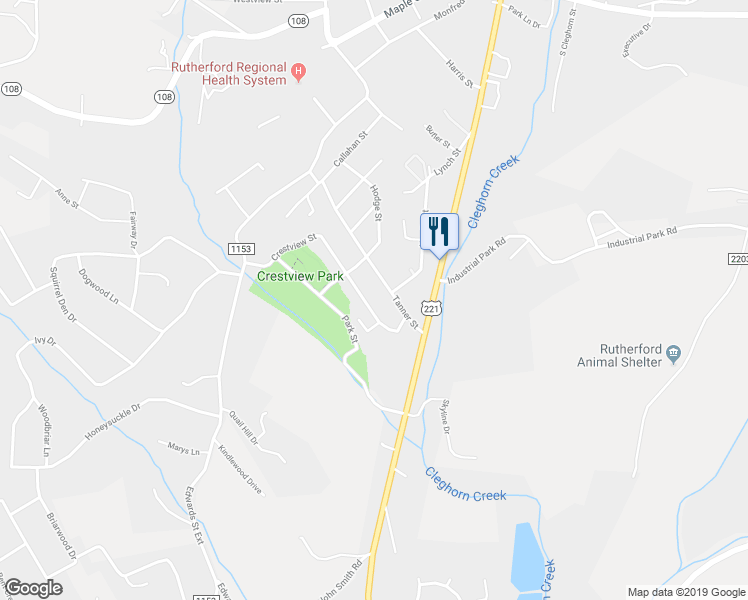 map of restaurants, bars, coffee shops, grocery stores, and more near 158 Crestview Street in Rutherfordton