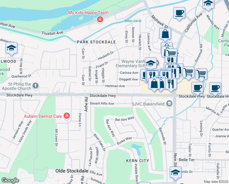 map of restaurants, bars, coffee shops, grocery stores, and more near 6009 Hartman Avenue in Bakersfield
