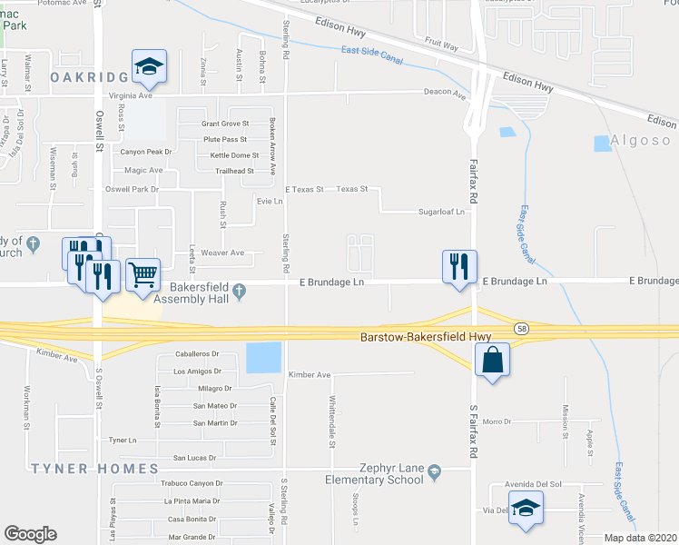 map of restaurants, bars, coffee shops, grocery stores, and more near 5918 East Brundage Lane in Bakersfield