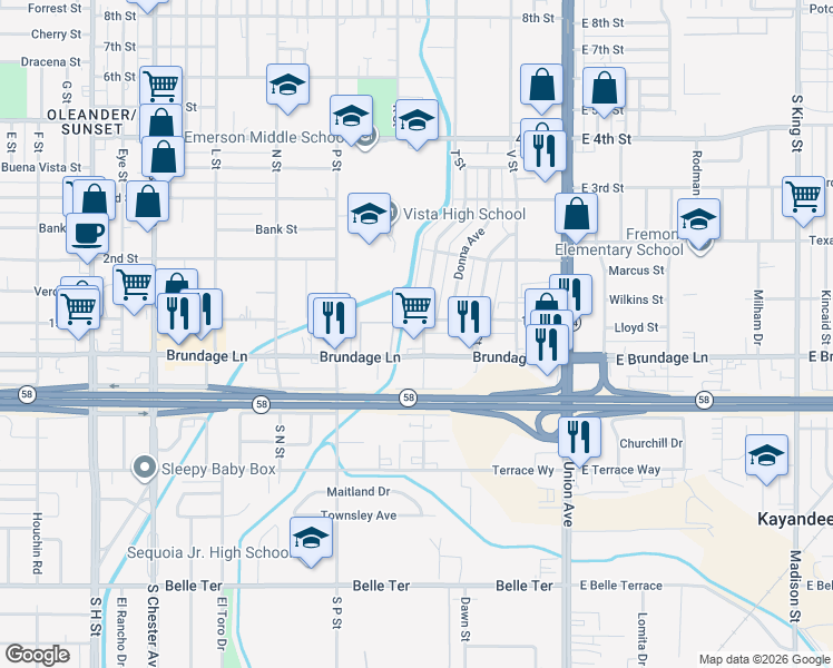 map of restaurants, bars, coffee shops, grocery stores, and more near 441 1st Street in Bakersfield