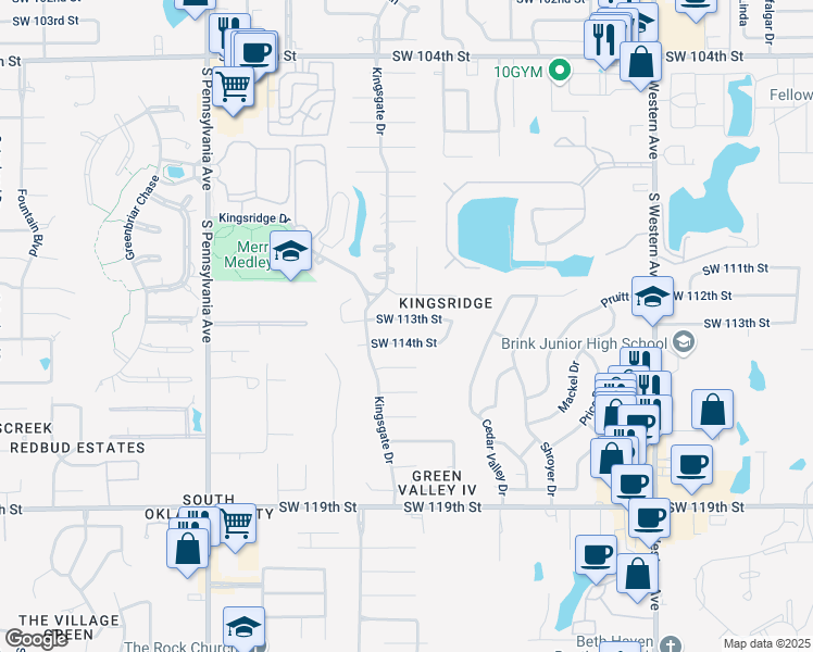 map of restaurants, bars, coffee shops, grocery stores, and more near 1313 Southwest 113th Street in Oklahoma City