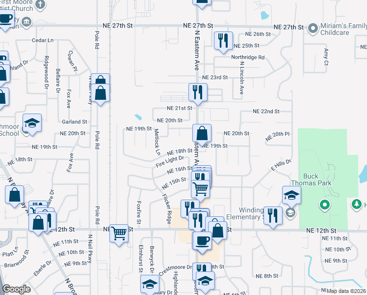 map of restaurants, bars, coffee shops, grocery stores, and more near 737 Northeast 18th Street in Moore