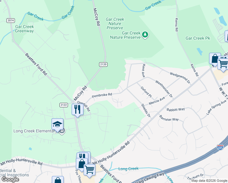 map of restaurants, bars, coffee shops, grocery stores, and more near 9438 Pembroke Road in Huntersville