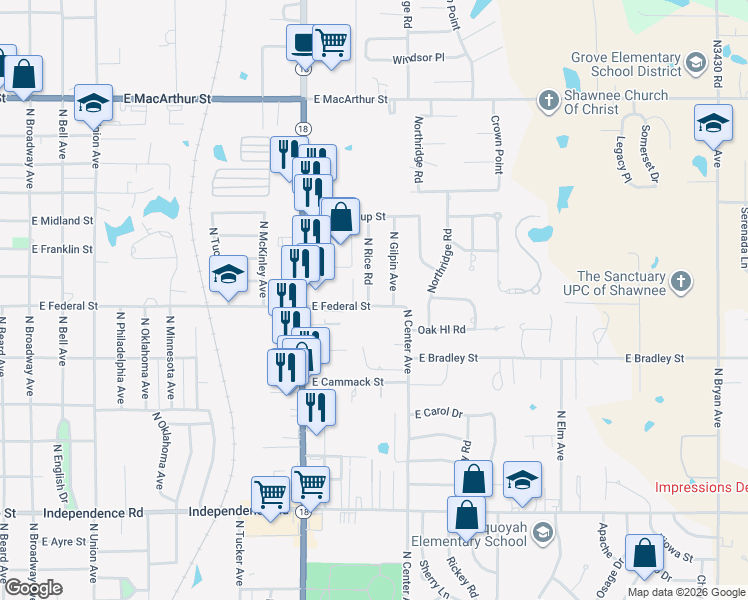 map of restaurants, bars, coffee shops, grocery stores, and more near 5 North Rice Road in Shawnee