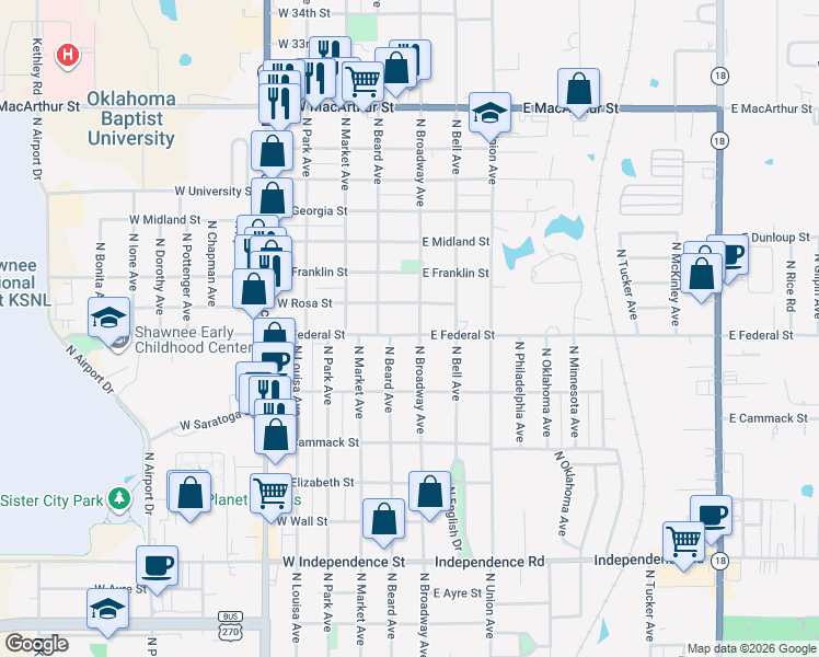 map of restaurants, bars, coffee shops, grocery stores, and more near 2000 North Broadway Avenue in Shawnee