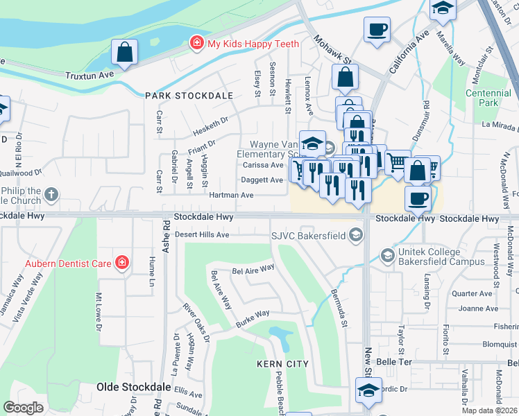 map of restaurants, bars, coffee shops, grocery stores, and more near 5909 Hartman Avenue in Bakersfield