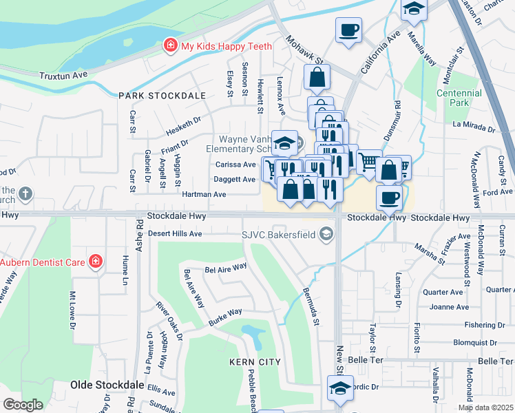 map of restaurants, bars, coffee shops, grocery stores, and more near 5800 Stockdale Highway in Bakersfield