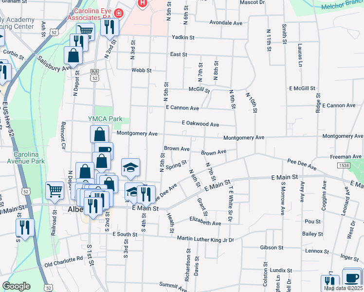 map of restaurants, bars, coffee shops, grocery stores, and more near 439 Brown Avenue in Albemarle