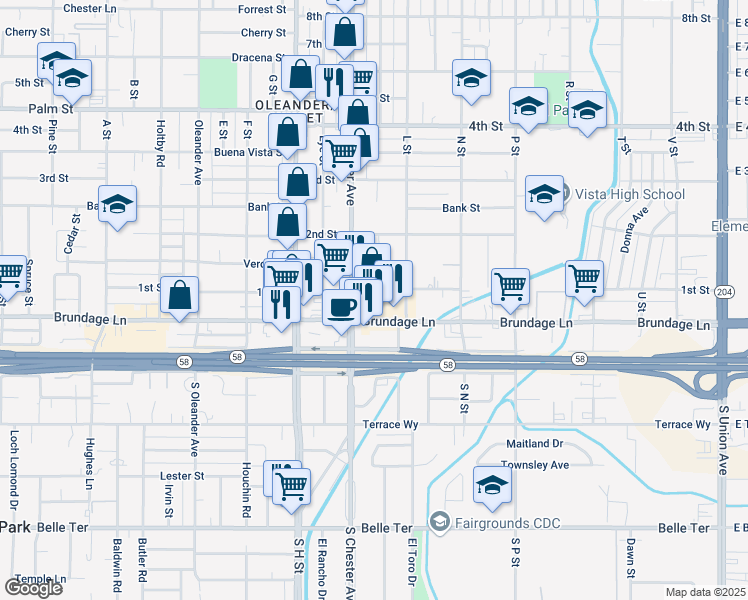 map of restaurants, bars, coffee shops, grocery stores, and more near 1319 1st Street in Bakersfield