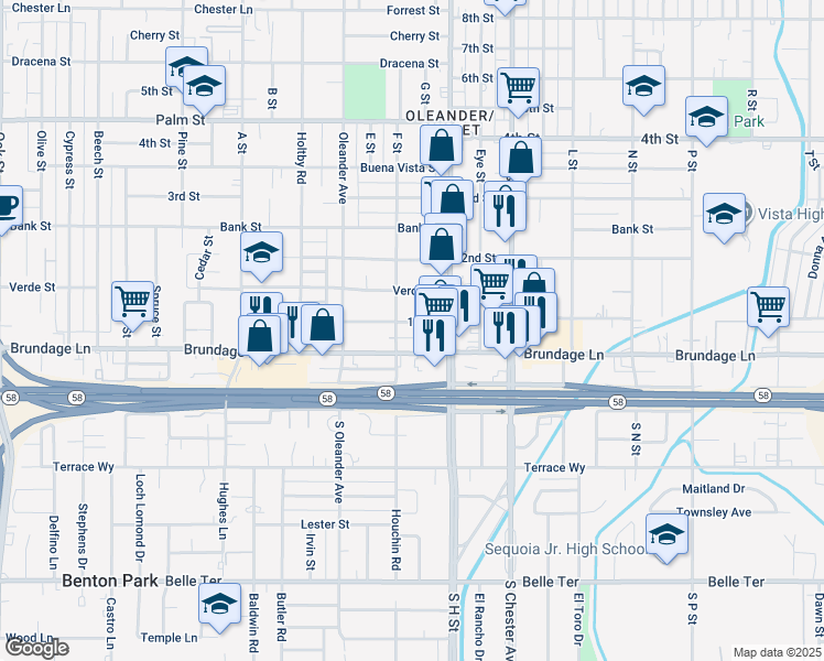 map of restaurants, bars, coffee shops, grocery stores, and more near 1900 1st Street in Bakersfield
