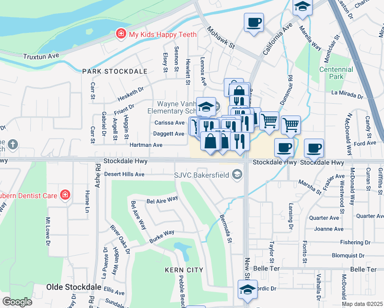map of restaurants, bars, coffee shops, grocery stores, and more near 100 Hewlett Street in Bakersfield