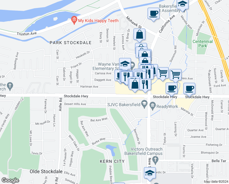 map of restaurants, bars, coffee shops, grocery stores, and more near 100 Hewlett Street in Bakersfield