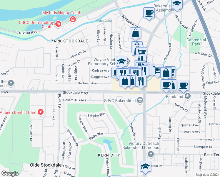 map of restaurants, bars, coffee shops, grocery stores, and more near 100 Hewlett Street in Bakersfield