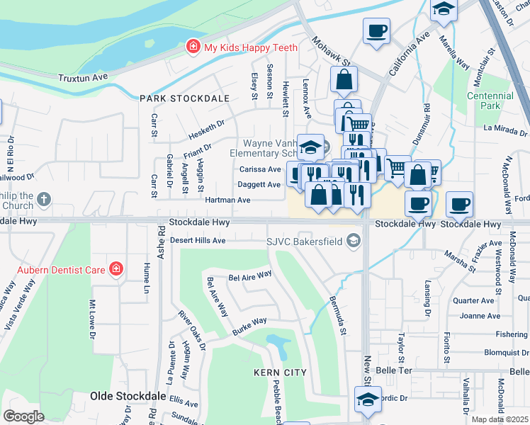 map of restaurants, bars, coffee shops, grocery stores, and more near 5717 Hartman Avenue in Bakersfield