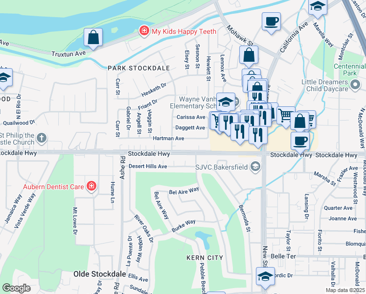 map of restaurants, bars, coffee shops, grocery stores, and more near 5909 Hartman Avenue in Bakersfield