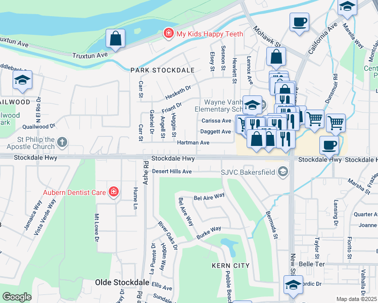 map of restaurants, bars, coffee shops, grocery stores, and more near 6009 Hartman Avenue in Bakersfield